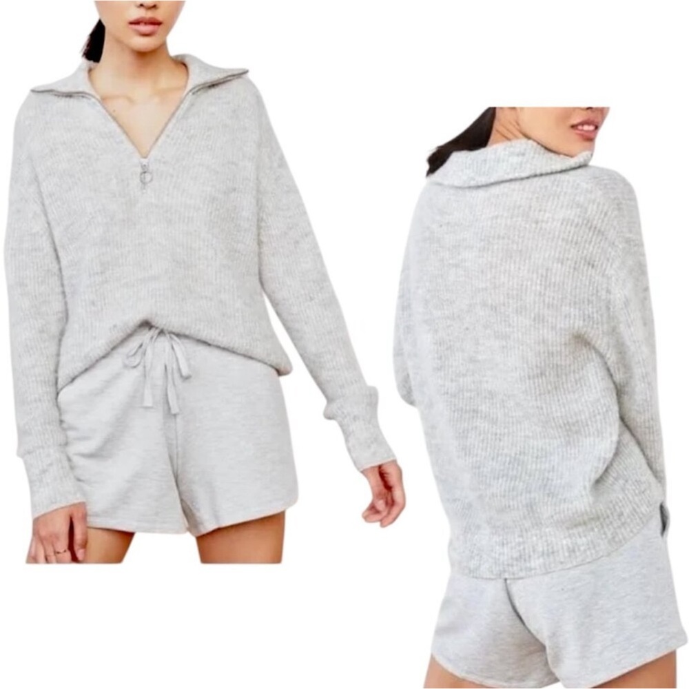 Quince Light Gray Alpaca Wool Quarter Zip Ribbed Sweater 3/4 Sleeves Size Small - Picture 5 of 8